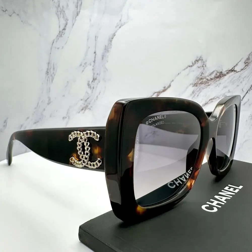 Chanel Black Tortoiseshell Oversized Sunglasses with Gold CC Logo
